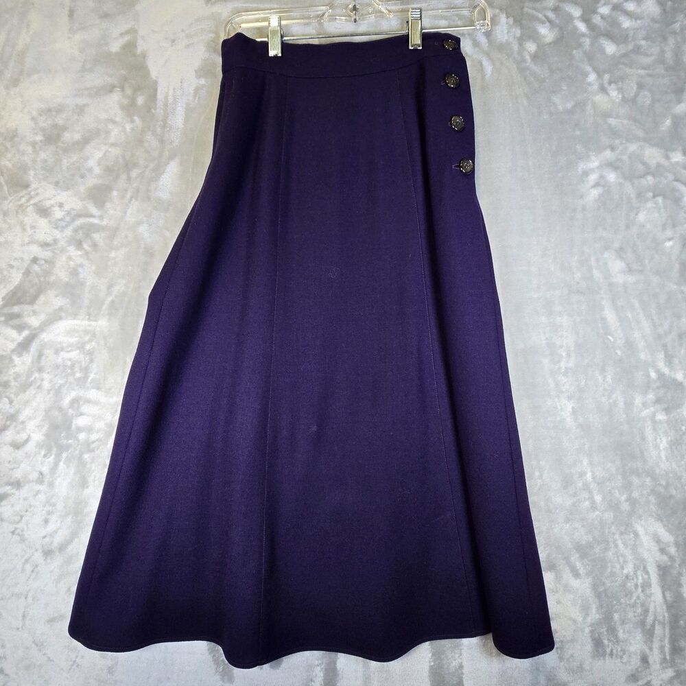 Vintage Perry Ellis 100% Wool Flared Maxi Skirt Purple 4 Button Close *sm spot